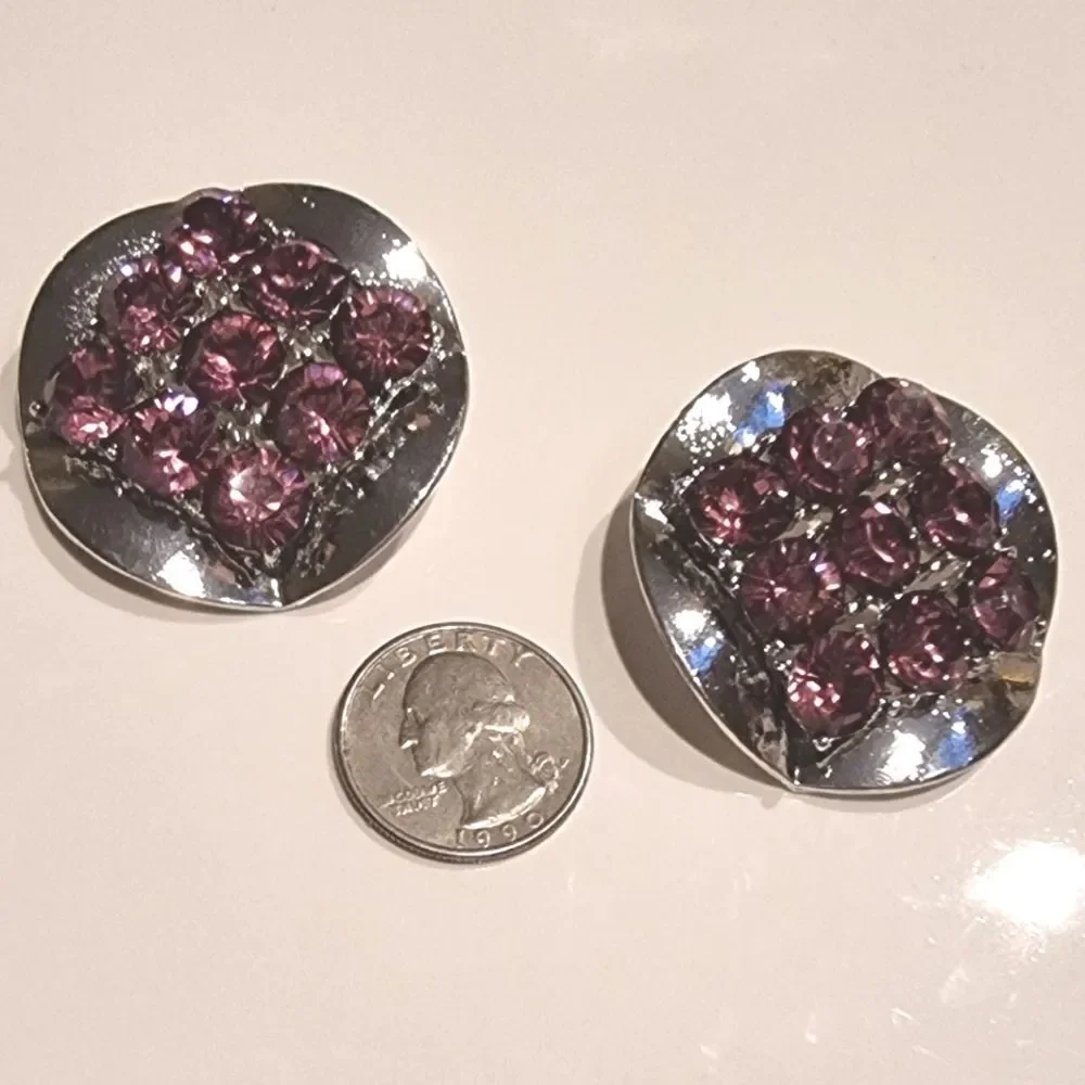 New ZARA  Exaggerated silvertone circular statement earrings with purple rhinest